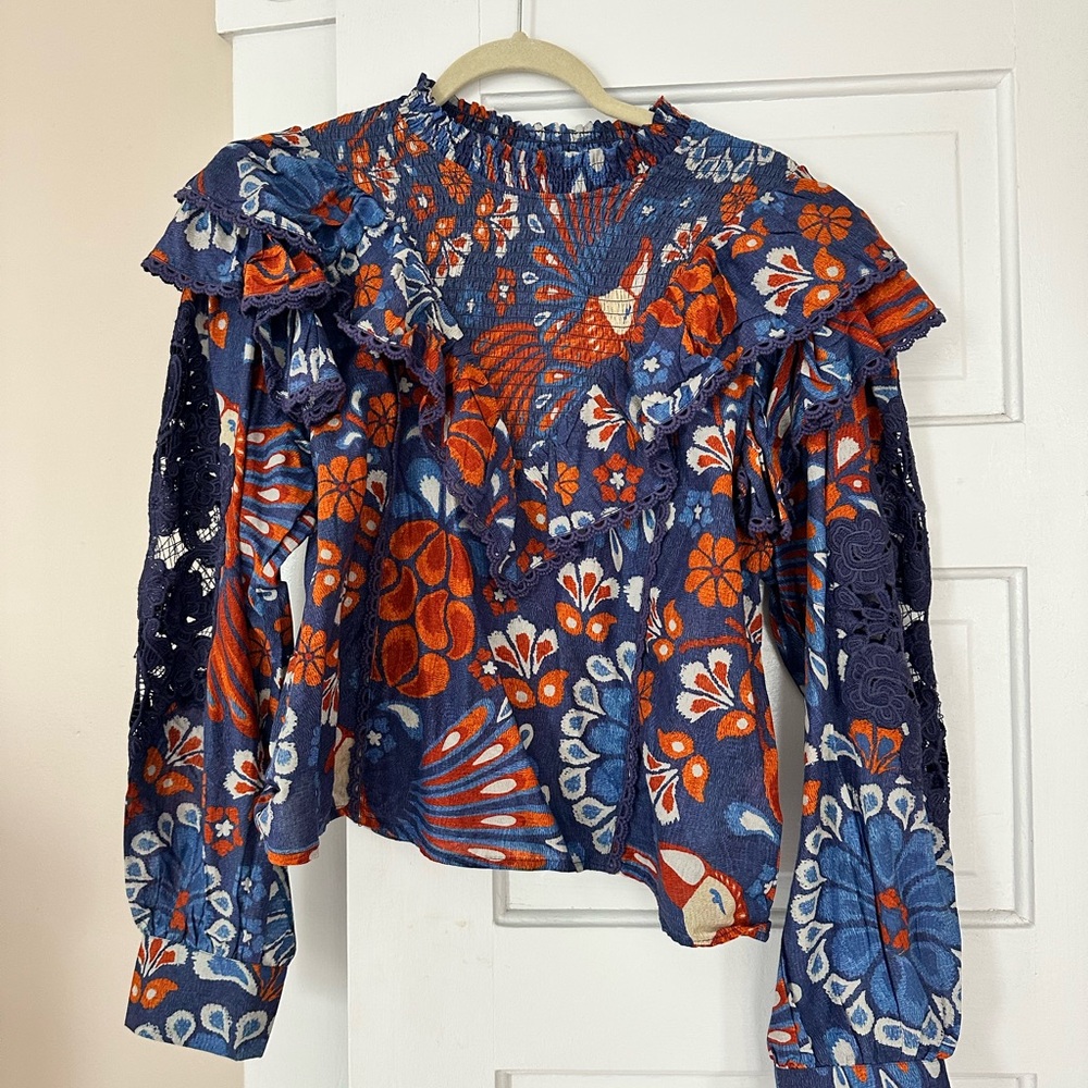 Floral Ruffle Long Sleeve Top - Blue and Orange